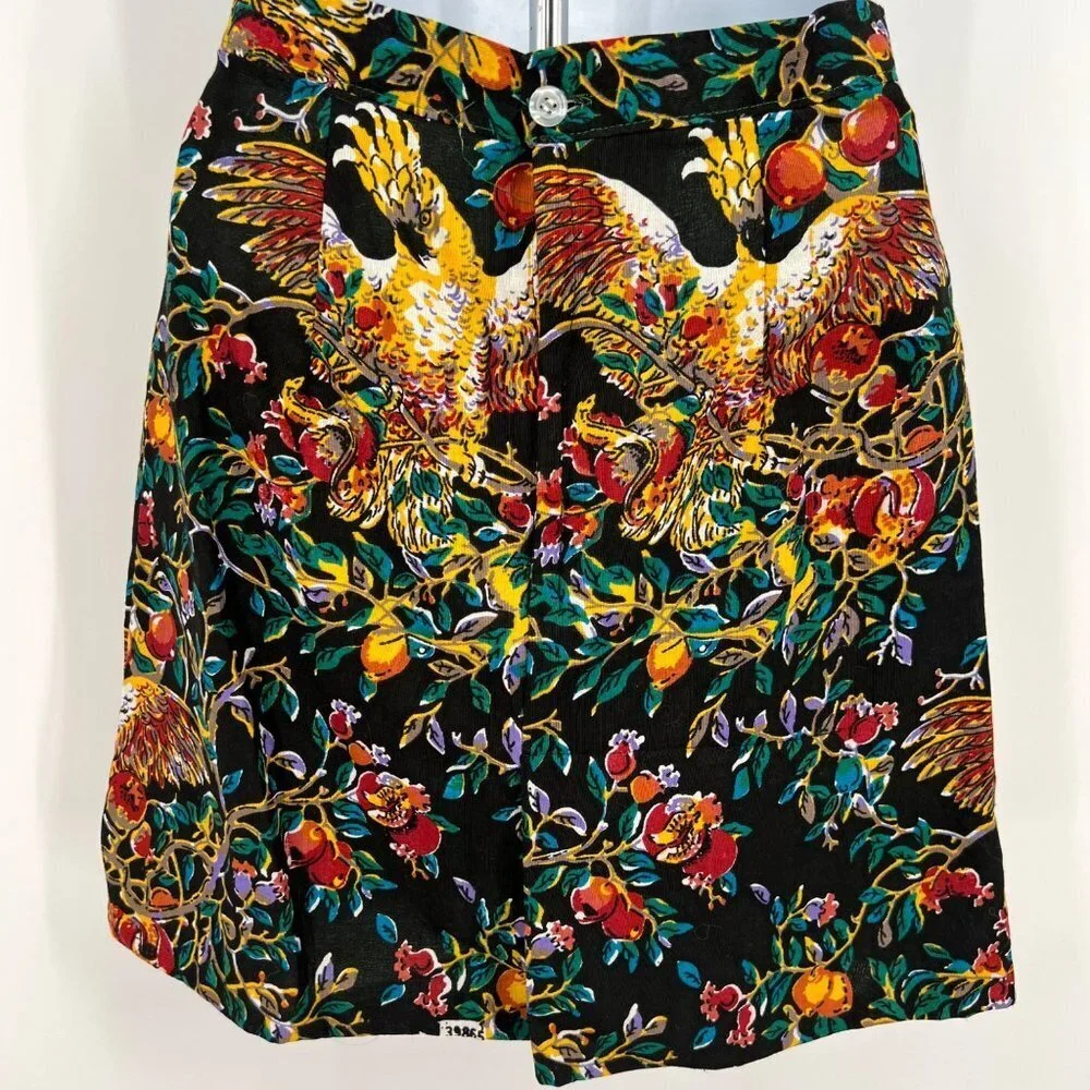 Black Vintage Handmade Miniskirt‎ with Cockatoo Parrots Lined Size XS